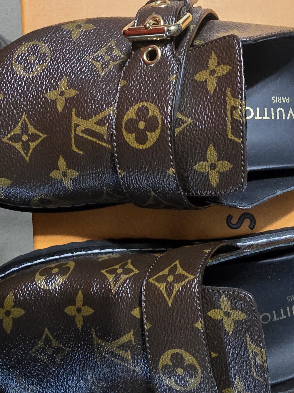 Louis Vuitton Brown Monogram Slip-On Loafers with Gold-Tone Buckle